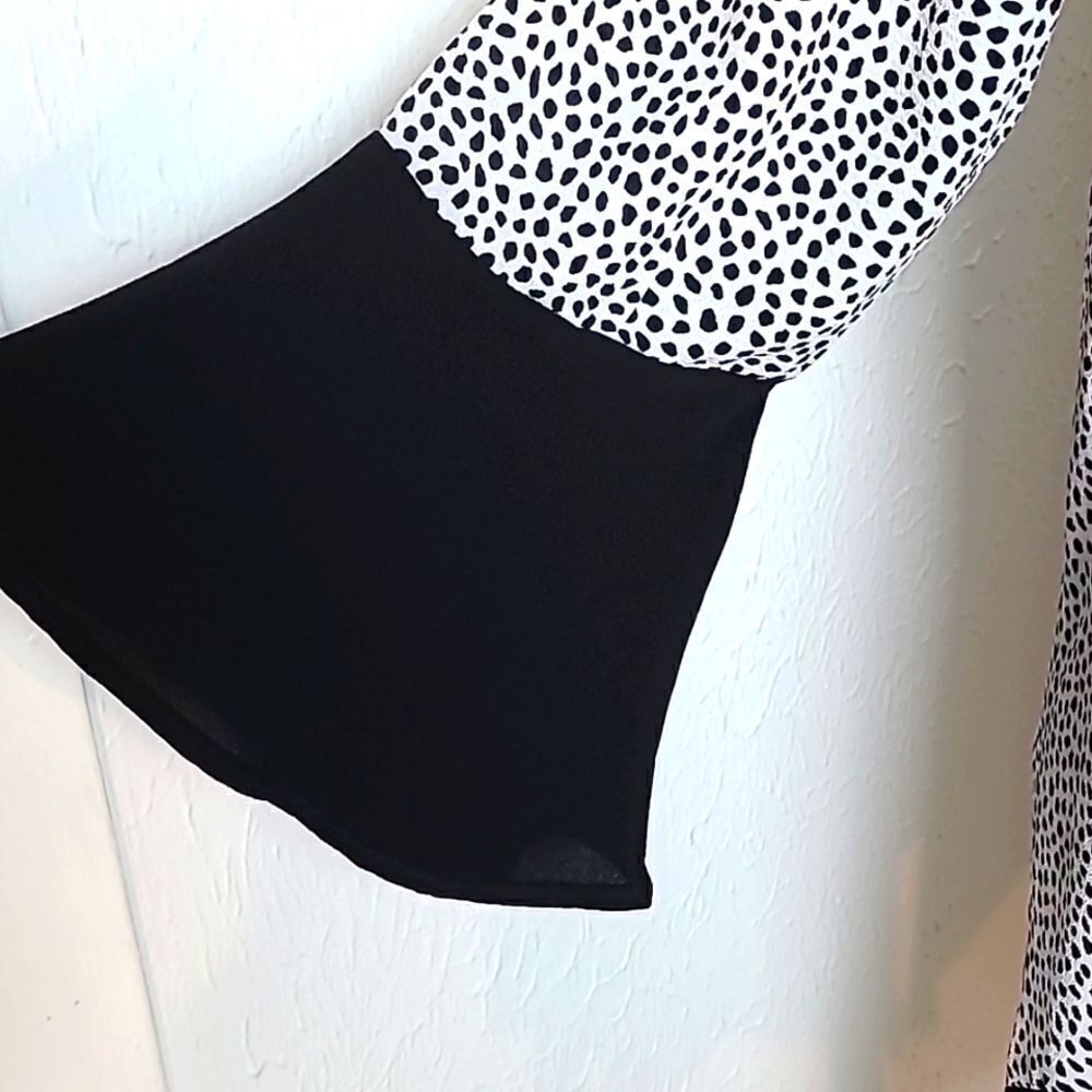 Grey & Gray Black & White Dot Blouse with Solid Black Trim, Size Medium - Picture 3 of 8